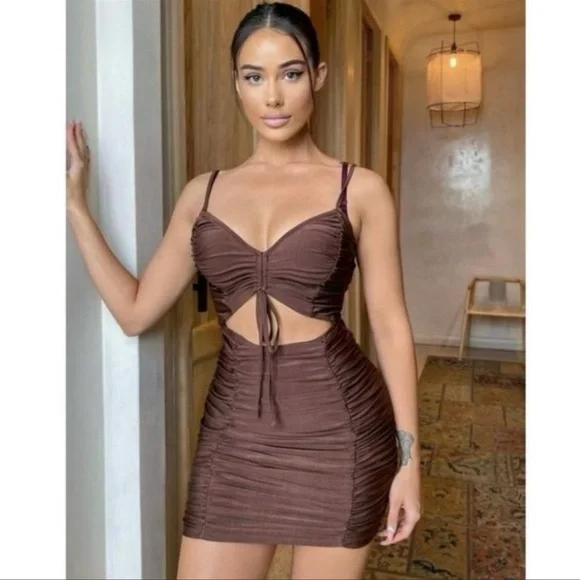 Brown Sleeveless Ruched Cutout Bodycon Mini Dress - Picture 6 of 7